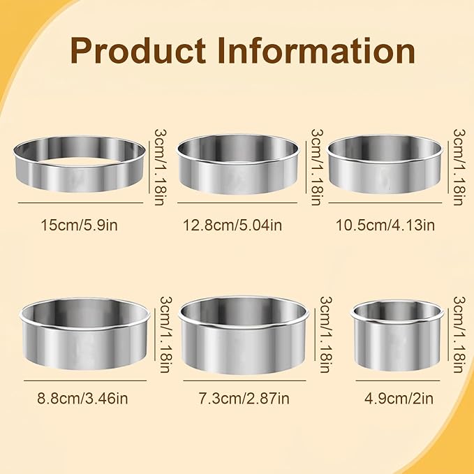6 PCS Round Cookie Cutters, Stainless Steel Circle Biscuit Cutters for Baking, Multi Size Cookie Shaper for Pastry Donuts Fondant Sandwich