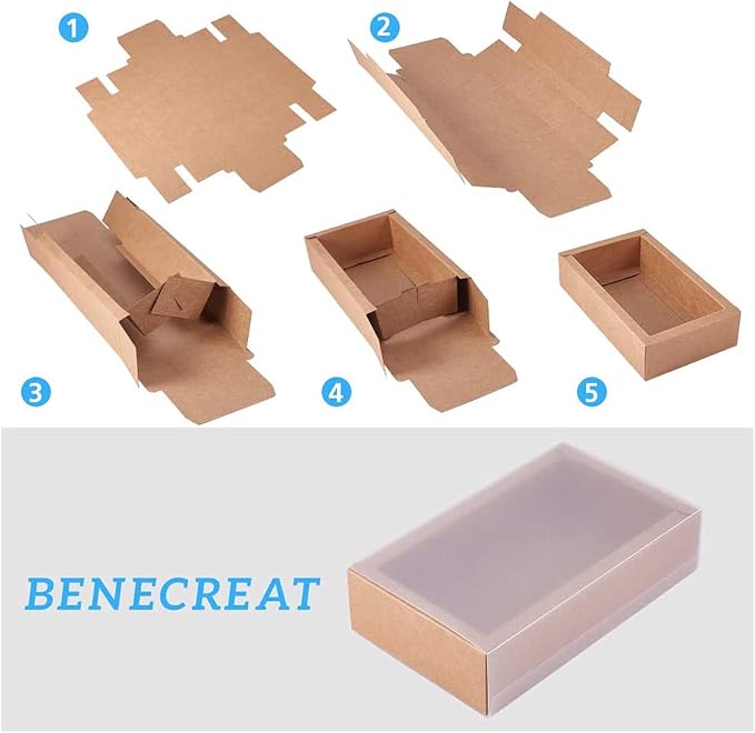 BENECREAT 12 Pack 7x5x1.5 Inch White Rectangle Drawer Kraft Boxes with PVC Plastic Window for Party Favor Treats, Candy and Jewelry Crafts