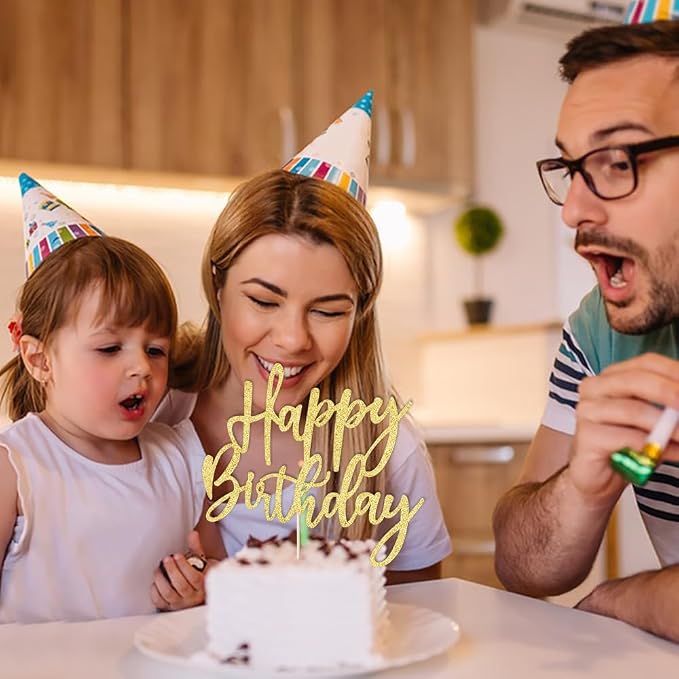 LVEUD Glitter Happy Birthday Cake Topper, Cake Decoration Suitable For Party Decoration - Anniversary/Birthday (Golden)