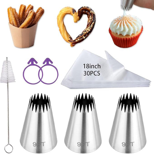 3PCS 9FT Large Churro Piping Tips and Bags Set for Eclairs,Butter Cookies | eclair piping tip,with 30Pcs18Inch Large Piping Bags,Large Open Star Pastry Tip,Churros maker,Cupcake Decorating tip