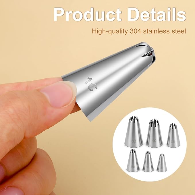 6 Pcs Piping Tips Set, 30, 21, E08, D42, 1C, C8 Stainless Steel Icing Tip Decorating Tips for Cookies, DIY Cream Rose Flower, Cream Puffs, Swirl, Rosette, Cake Cookie Decorating