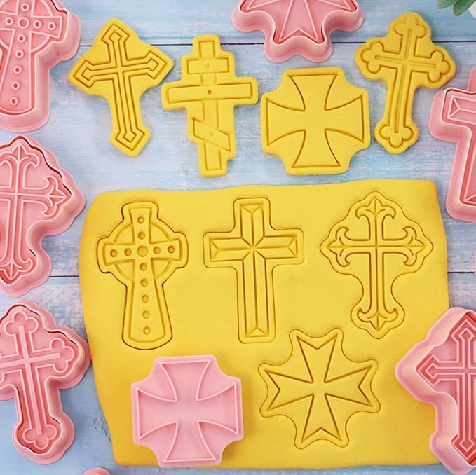 8 Pieces Cute Christian Cross Cookie Cutters Plastic Cookie Stamps Cookie Mould Press Cross Cookie Mould Set Baking Kitchen Tools (Cross 1227B)