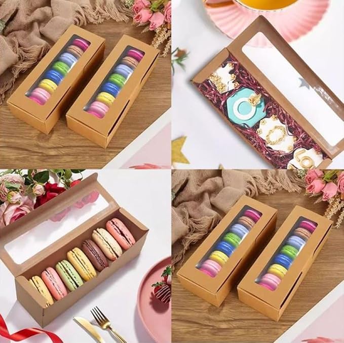Hewnda 50Pack Kraft Macaron Boxes with Clear Window,Gift Packaging for 5 to 7 Macarons, Perfect for Cookies, Chocolates, Candies, Desserts (Brown)