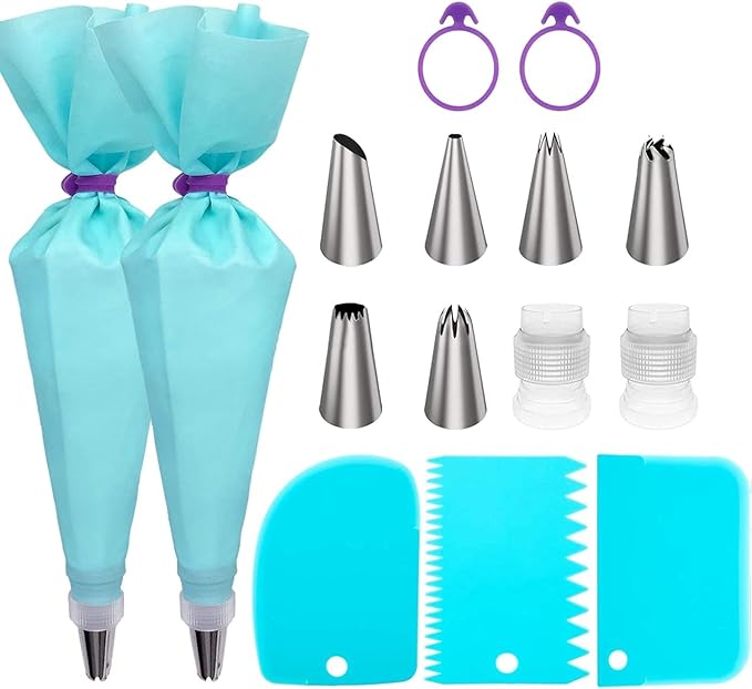 Piping Bags and Tips Set, 18" Reusable Piping Bags, Frosting Piping Kit for Baking with Pastry Bags and Tips, Standard Converters, Silicone Rings, Cake