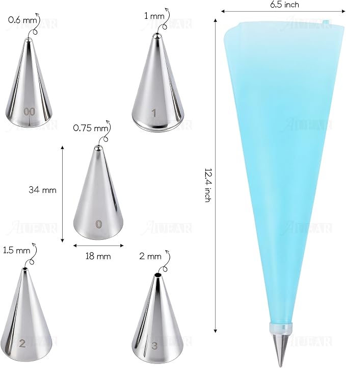 AUEAR, Cake Decorating Sugar Cookie Piping Tips 5 Writing Tube 1 Coupler 1 Silicone Pastry Bag (7 Pack)