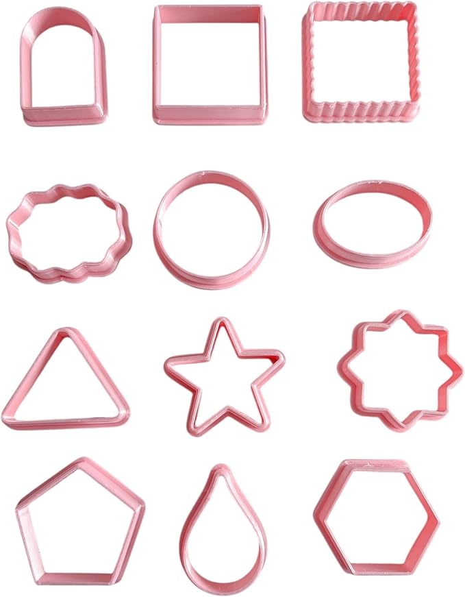 Set of 12 clay cookie cutters with geometric shapes, including a star, square, triangle, oval, circle, window, and more, for cutting fruits, dough, fondant, and pastries for all types of craft uses.