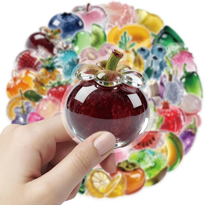 100Pcs Fruit Mix PET Stickers Pack, Transparent Fruit Stickers Waterproof Fruits Decals for Water Bottles Laptop Scrapbooking Journaling Guitar Suitcase Phone Gifts for Kids Teens
