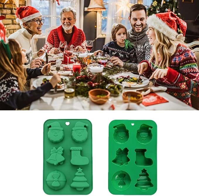 6 Cavities Silicone Cookies Biscuit Mold, Christmas Halloween Baking Candy Mold, Reusable DIY Jelly Chocolate Mold, Ice Cube Tray Wax Melt Molds(Set of 2 Green Christmas Stocking Bells)