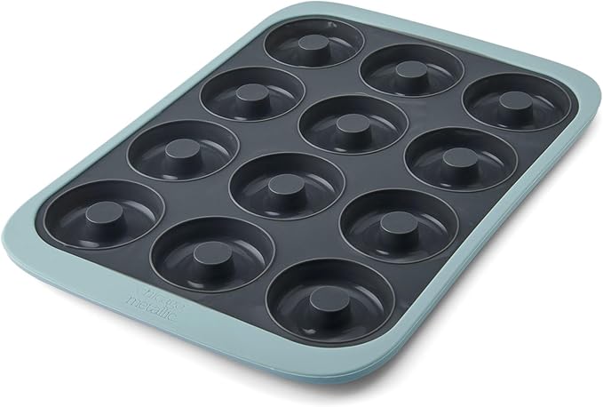 Chicago Metallic Silicone Donut Pan, 12 Cup Blue Nonstick Baking Pan for Donuts, Bagels and More, Wire-Reinforced Rim, Oven Safe to 428F, 14.6 x 10 x 1.4 Inches