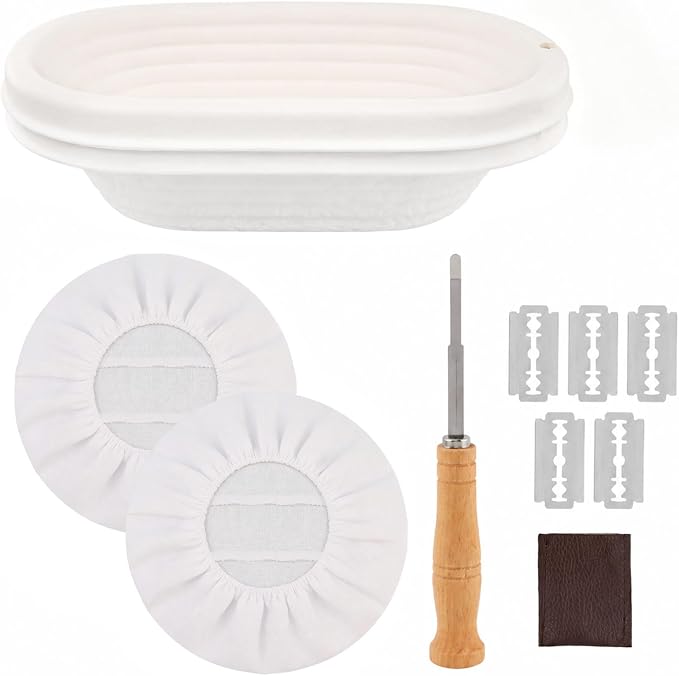 2 Pcs Banneton Bread Proofing Baskets with 2 Linen Liners & Bread Lame, Includes 5 Blades Replacement, Sourdough Proofing Baskets for Rising, Shaping, Scoring