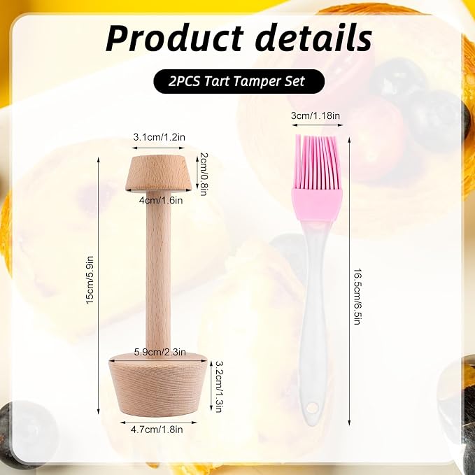 2Pcs Wooden Tart Tamper Set,Double Sided Pie Pastry Dough Tamper with Pastry Brush,Wooden Molds Egg Tarts Tamper Pastry Tools for Mini Muffin Tins,Tart Pans