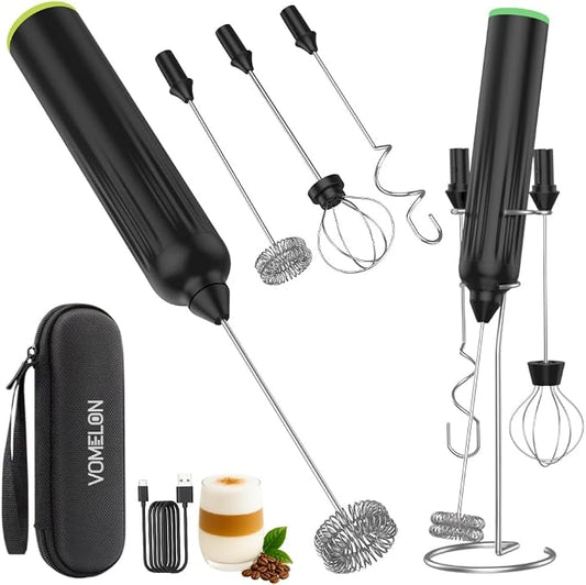 Milk Frother Handheld,3-Speed Rechargeable Coffee Foamer Drink Whisk with 3 Stainless Steel Heads Electric USB C Whisk for Coffee, Latte, Cappuccino, Hot Chocolate, Protein,Egg light Black