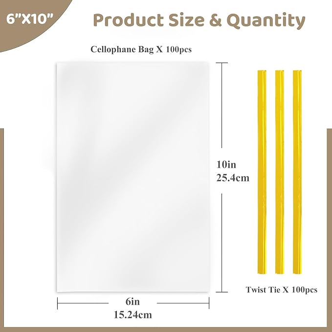 WIKDAY Cellophane Bags 100 PCS 6x10 Inches Clear Gift Gags with Ties Plastic Treat Party Favor Candy Bags for Gift Giving, Packaging Snack, Products