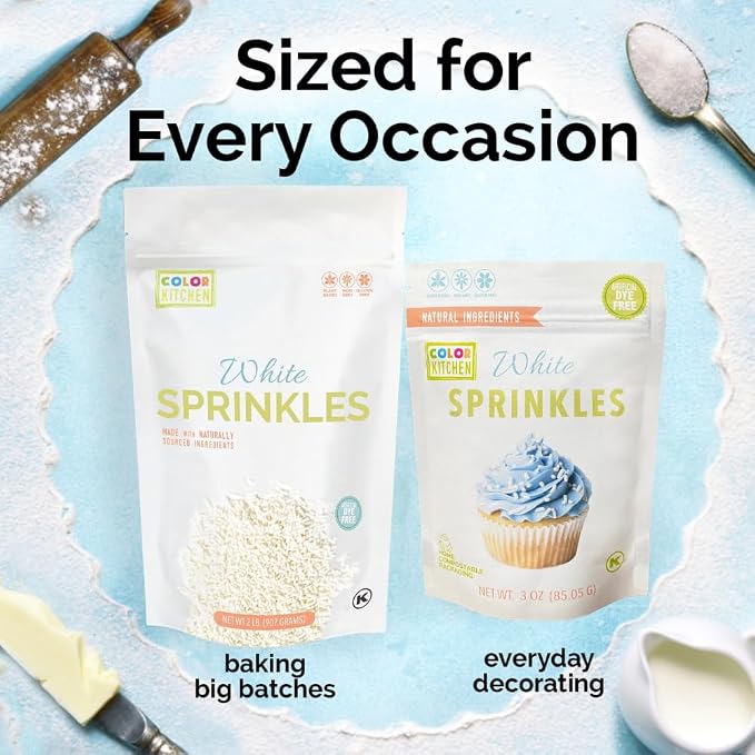 Color Kitchen White Cake Sprinkles, Natural Baking Decorations for Cookies and Ice Cream, Artificial Dye Free, Plant Based, Gluten Free, Non GMO, Soy Free, Kosher, No Hydrogenated Oils, 2 lbs