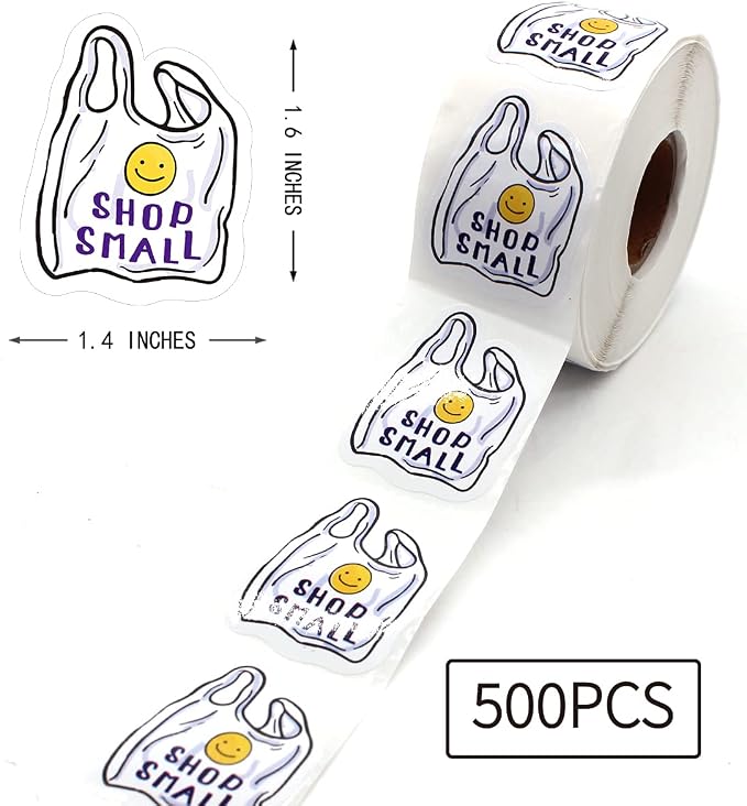 Littlefa 1.5” Shopping Small Stickers for Small Business, Shop Small Stickers for Store Gift Bags Packaging Shopping, Smile Environmental Bag Desgin Handmade Sticker 500 PCS