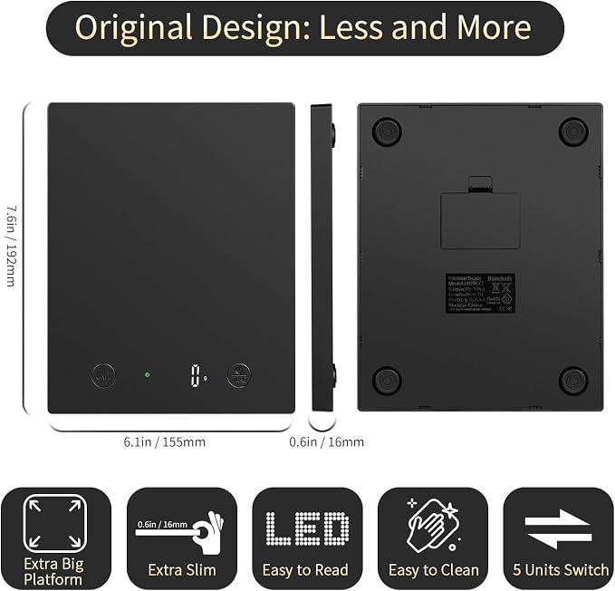 Homebuds 22lb/10kg Food Scale, Precision 0.1oz/1g by Our Professional Scale Factory Since 2001, Kitchen Scales Digital Weight Grams and Ounces for Cooking and Baking, LED, 3*AAA Batteries, Black