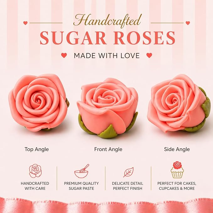 Confect Edible Rose Topper – Salmon Pink Roses for Cake, Cupcake & Doughnut Decoration – Pack of 12 Edible Floral Toppers- Vegan, Gluten-Free, Nut-Free, Soy-Free, Dairy-Free, Palm Oil-Free