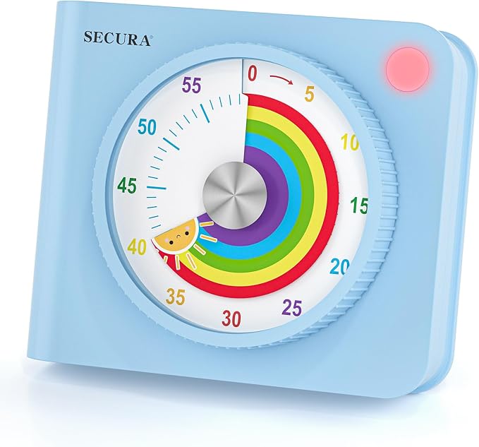 Secura Rainbow Visual Timer for Kids, 60-Minute Countdown Timer | ADHD Timer for Time Management, No Ticking for Focus, Mute & Beep Alert Modes, Pause function, Magnetic Backing, Stand (Blue)
