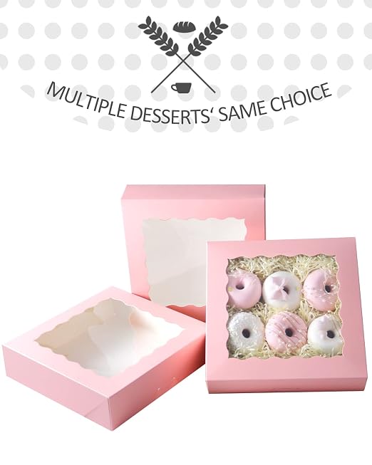 qiqee Auto-pop Up Pink Pastry Box With Window 8x8x2.5 Inch Donut Pie Boxes 30pcs Bakery Box