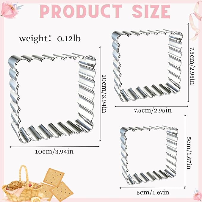Square Cookie Cutter Set, 3 Pcs Wavy Edge Stainless Steel | Three square sizes with scalloped edges for cookies, biscuits, donuts, fondant, pastries and kitchen baking