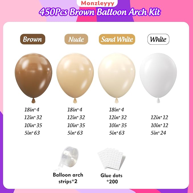 450Pcs Netural Balloons Garland Arch Kit - 18 12 10 5 Inch Different Sizes Brown Latex Balloon for Birthday, Anniversary, Bridal Shower, Baby Shower, Wedding, Boho, Teddy Party Decorations