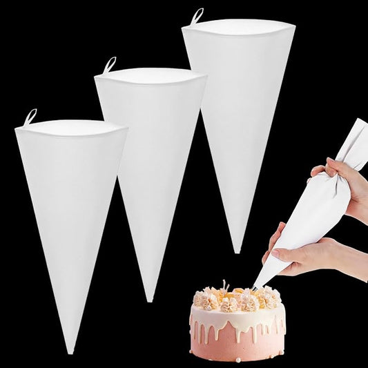 3-Pack Reusable Pastry Piping Bags - 12inch Cloth Canvas Cake Decorating Bags - Cake Pastry Decorating Supplies for Frosting - Ideal for Cakes and Cookies Decoration White Hangable Piping Bags