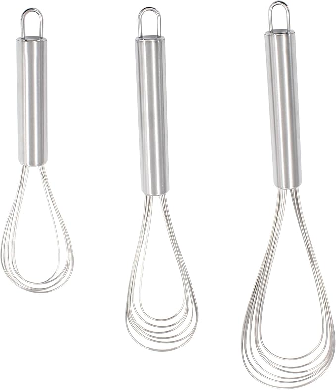 3 Pcs Kitchen Flat Whisk Set, Stainless Steel Egg Whisk Flat Wire Whisk 6 Wires Egg Mixing Whisk(6.73 Inch,10.11 Inch,10.51 Inch)