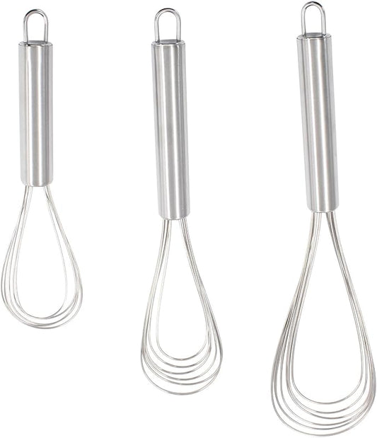 3 Pcs Kitchen Flat Whisk Set, Stainless Steel Egg Whisk Flat Wire Whisk 6 Wires Egg Mixing Whisk(6.73 Inch,10.11 Inch,10.51 Inch)