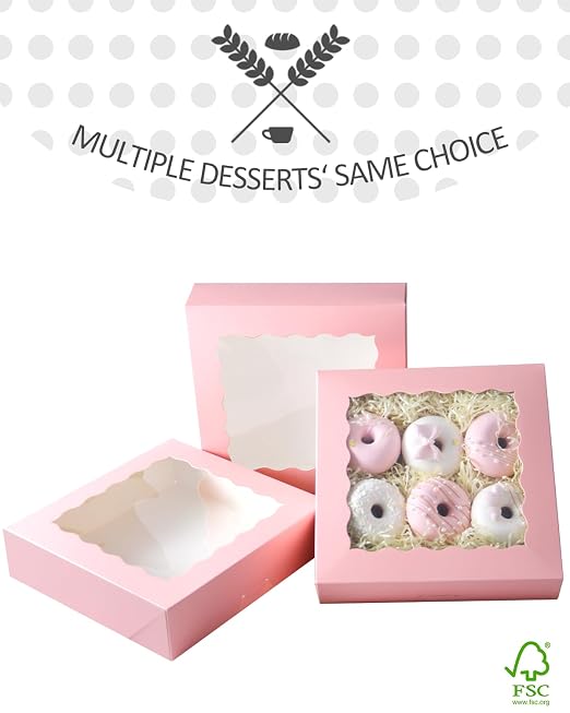 qiqee 10"x 10"x 2.5" Pink Pie Boxes with Window 50Packs Cookie Donut Bakery Box (Auto-pop Up)