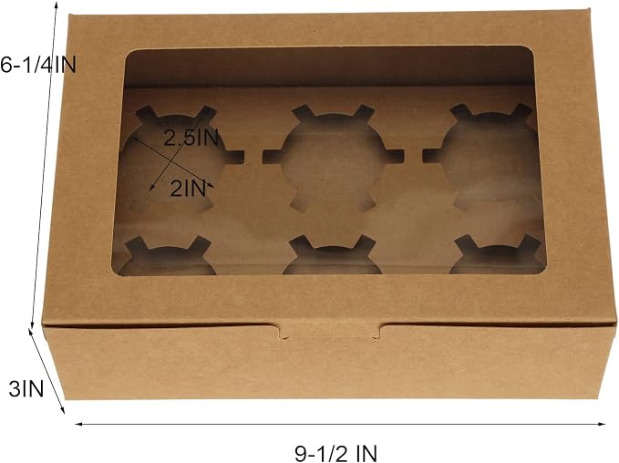 Jucoan 50 Pack Kraft Cupcake Box with Insert and Window Hold 6 Standard Cupcake, Food Grade Cupcake Carrier Container, Brown Bakery Box for Pastry, Cookies, Small Cake, Desserts Treat