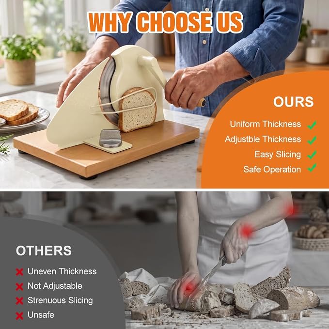 Upgrade Manual Bread Slicer for Homemade Bread, Sourdough Slicer with Hand Crank, Metal Guide Rail, Non-Slip Suction Base & Sharp Blade for Consistent Even Slices
