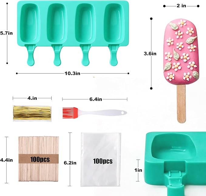 Juome Cake Pop Mold Kit, 2 Pack 8 Cavities Cakesicle Molds Silicone with 100 Wooden Sticks & 100 Packaging Bags with Ties, Cake Pop Maker Supplies Accessories, Baking Tools for Home Desserts (Green)
