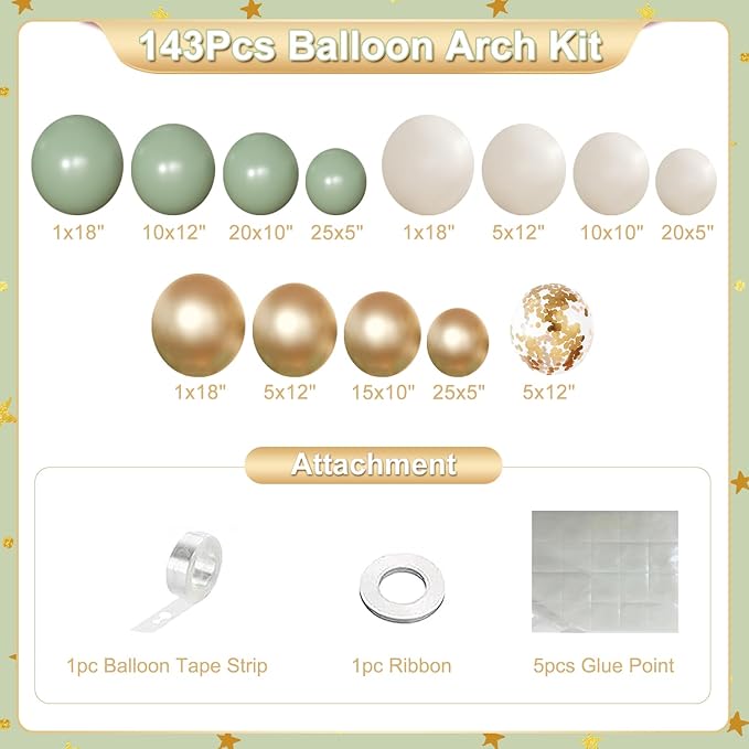 Sage Green Gold Balloon Arch Kit, 143Pcs Sage Green and Sand White Gold Balloons Garland Arch Kit Coffetti Balloons for Birthday Wedding Baby Shower Gender Reveal Decorations