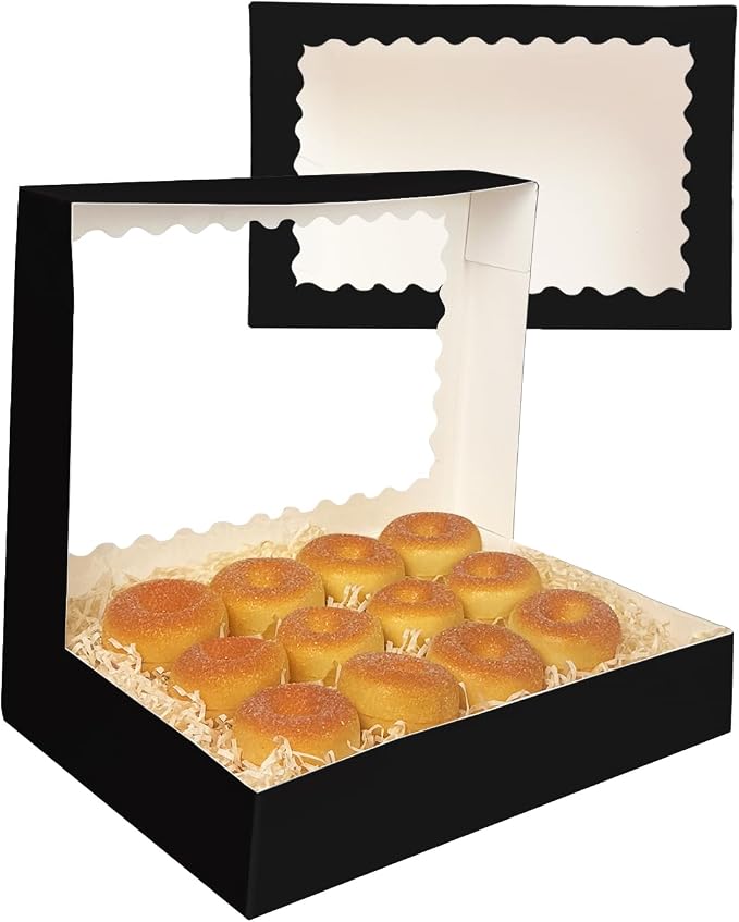 qiqee Auto-pop Up Black Cookie Box with Window 24Pcs 14x10x2.5 inch Pastry Macaron Bakery Box For Packaging
