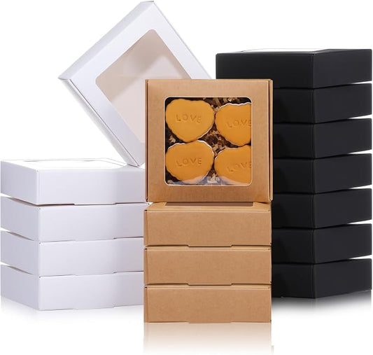 Zonon 30 Pcs Kraft Paper Boxes with Window 4.13 x 4.13 x 1.18 Inch Candy Packaging, Small Gift Boxes, Soap holder, Mini Treat Packaging for Bakery Chocolate Jewelry Display (Brown,Black,White)