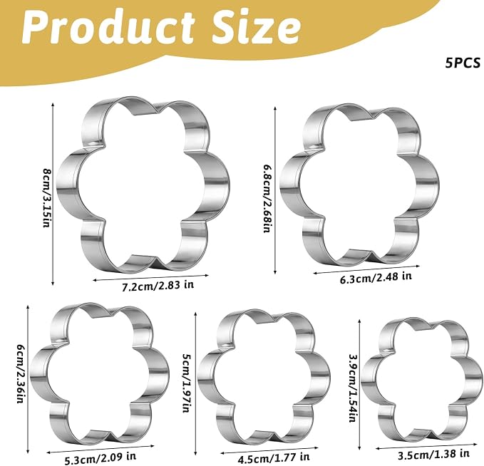 5 Pcs Flower Cookie Cutters Set, Stainless Steel Kitchen Scallop Flower Cookie Cutters Mold, Multi Size Fondant Biscui Cutter Tools for Kitchen Baking (5 Sizes)