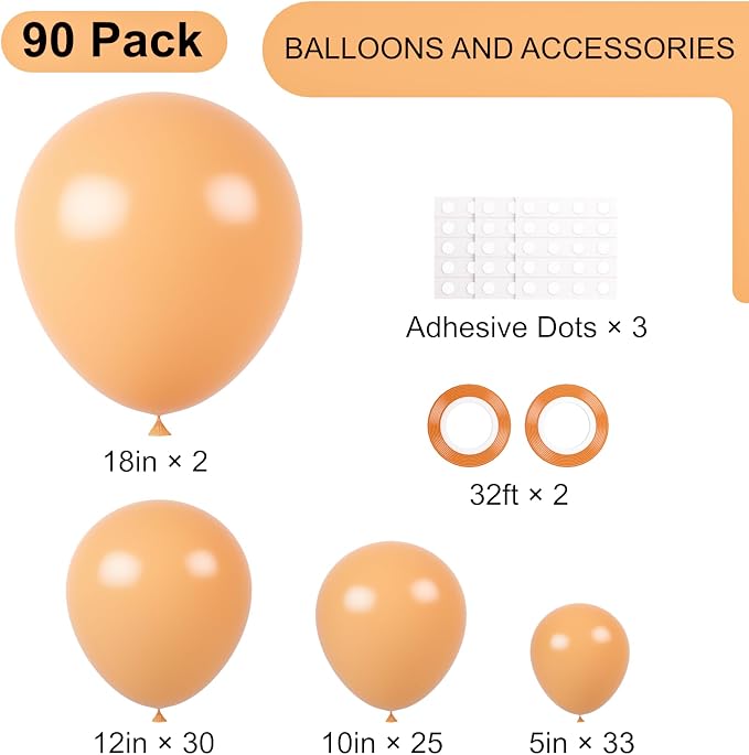 Voircoloria 90pack Peach Balloons Different Size 18/12/10/5 Inch Peach Balloon Garland Arch Kit for Graduation, Wedding, Birthday, Princess Theme Party, Baby Shower, Anniversary Party Decorations