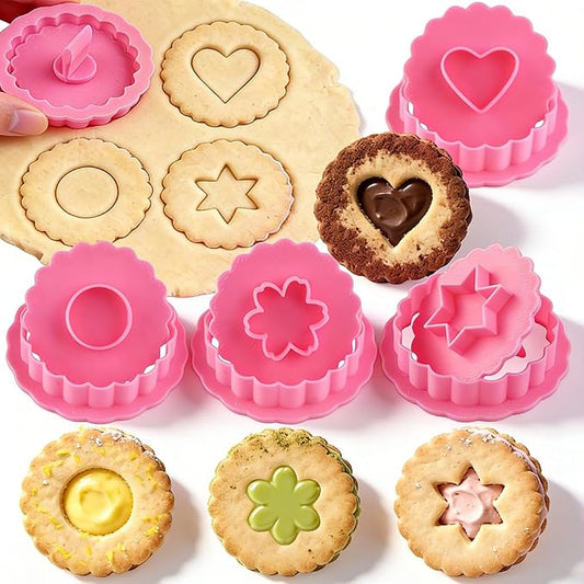 4Pcs 3D Round Cookie Cutters with Wave Edge Biscuit Cutter Star Circle Flower Heart Filled Cookie Cutters Set Plastic Cookies Cutter Small Fondant Molds Cute Cookies Stamps for Birthday Party