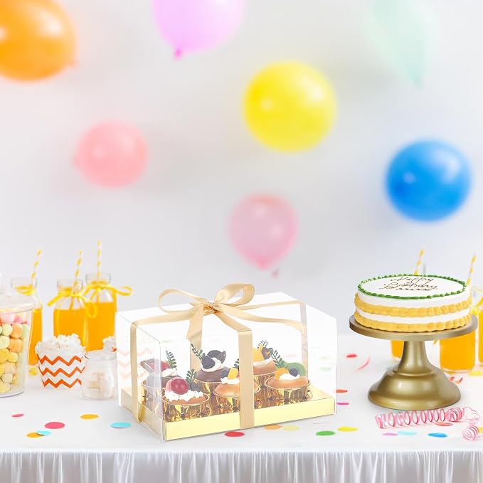 EUSOAR Gold Cupcake Boxes, 6 Pack Clear Muffins Pastry Container 6 Count with Gift Ribbon, Rectangle Bakery Cookies Dessert Holder Disposable Pastry Mini Cake Carrier for Wedding Party Favor Decor
