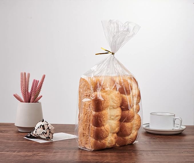 Plastic Bread Bags With Ties, 150 Pcs Printed Loaf Bags for Homemade Bread, Sourdough and Bakery Food - 8x18 Inch with 4" Side Gusset