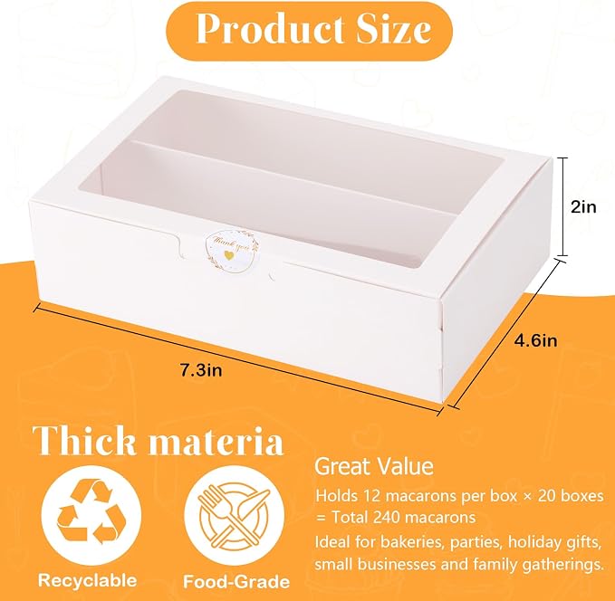 20 Pack Macaron Boxes with Window - 7.3x4.6x2 in Macaron Packaging Containers Holds 12-16 pcs,Small Cookie, Truffle and chocolate covered strawberry boxes for Gift Giving