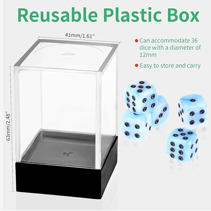 36 of Pack 12MM 6 Sided MINI Dice Set,Mixed Colours Swirls D6 Game Dice Set, 6 Sided Standard Dices for Yahtzee, Bunco or Teaching Math,with Portable Plastic Box(Blue White)
