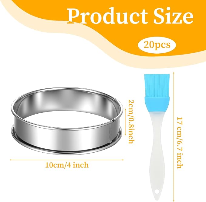 20 Pack 4 Inch English Muffin Rings, Stainless Steel Crumpet Rings Double Rolled Tart Ring Nonstick Tart Ring for Baking Metal Pastry Ringd Mold with Silicone Brush for Dessert Food Making Tool