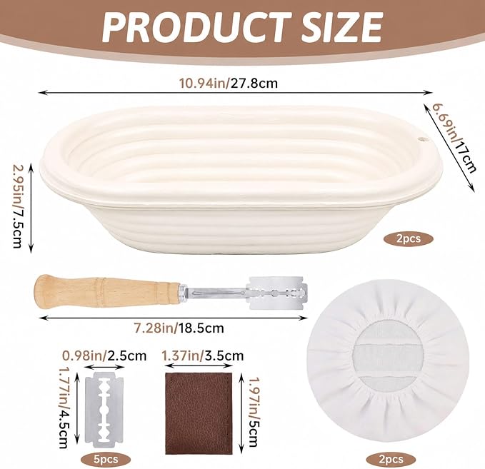 2 Pcs Banneton Bread Proofing Baskets with 2 Linen Liners & Bread Lame, Includes 5 Blades Replacement, Sourdough Proofing Baskets for Rising, Shaping, Scoring