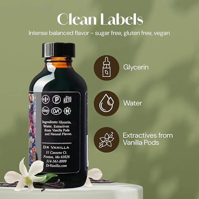 Natural Vanilla Alcohol‑Free Flavor, 4 fl oz - Madagascar Bourbon vanilla, 100% natural, sugar‑free, GMO‑free, gluten‑free, vegan, paleo, keto, kosher, and halal