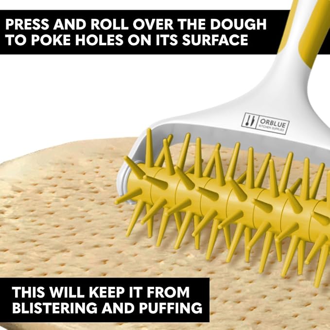 Orblue Pizza Dough Docker, Pastry Roller with Spikes, Pizza Docking Tool for Home & Commercial Kitchen - Pizza Making Accessories that Prevent Dough from Blistering, Yellow