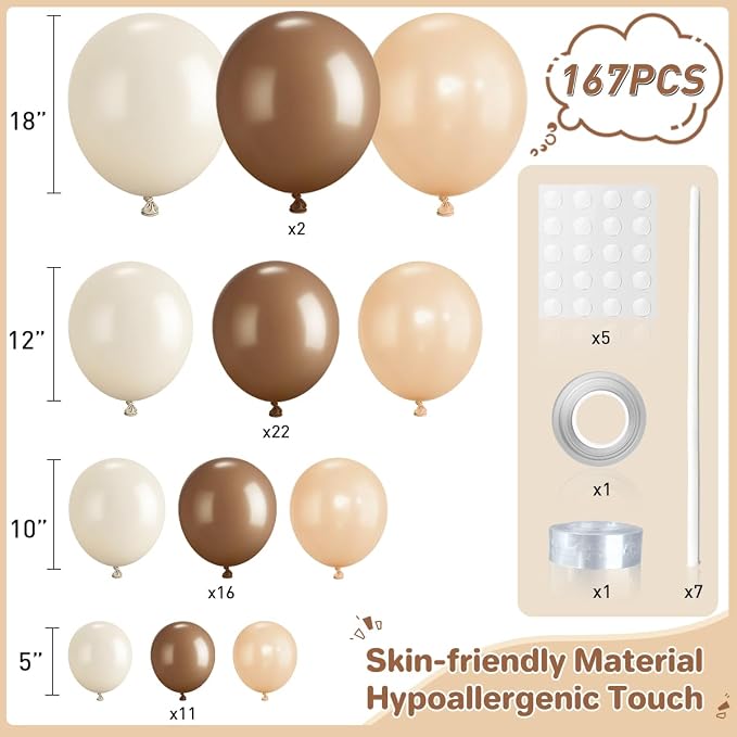 Boho Brown Balloon Garland Arch Kit, 167Pcs Latex Neutral Balloons Different Sizes 18 12 10 5 inch for Baby Shower Birthday Bridal Shower Wedding Party Decorations