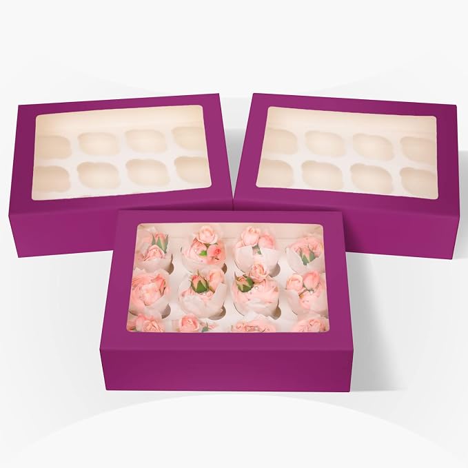Bakepacker 12 Cupcake Containers 10-Packs Deep Purple Cupcake Box Cupcakes Carrier, 12 Cupcake Boxes with Window 13"x10"x3.5"（Auto-pop up）