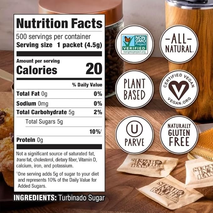 Sugar InThe Raw/Raw Natural Cane Brown Sugar Turbinado, 500 Count, Pack of 1, Natural Sweetener for Drinks and Baking Packets for Home, Office, Coffee, Bar, Gift,Restaurants, & Coffee Stations Neuryn