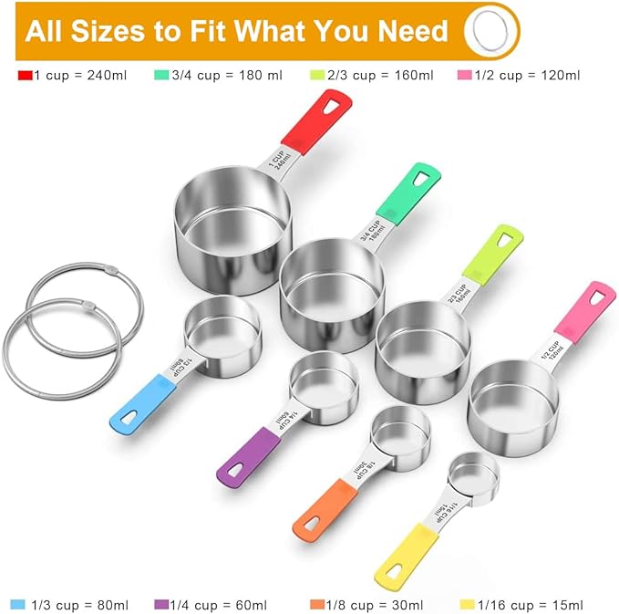 Wildone Stainless Steel 8-Piece Measuring Cups Set with Silicone Handle | Kitchen Gadgets for Cooking & Baking, Dishwasher Safe